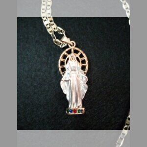 Tri Color Mix Our Lady Of Guadalupe w/ Mix Colored  Stones at her feet necklace